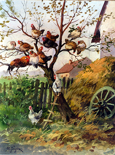 Hühnerhof – Hühner auf dem Baum –  Schlafstätte