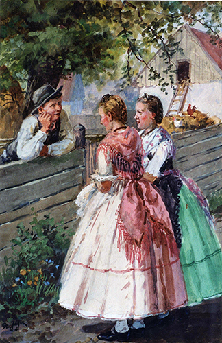 Neckerei - zwei Mädchen Plausch am Zaun (Quergasse)
